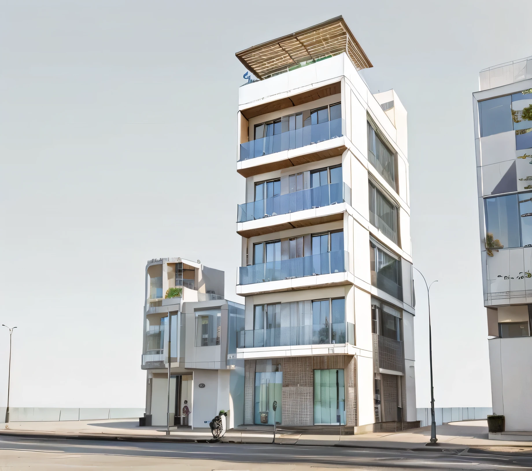modern building in the city with glass, clean view, over sky with trees, along the street, more people