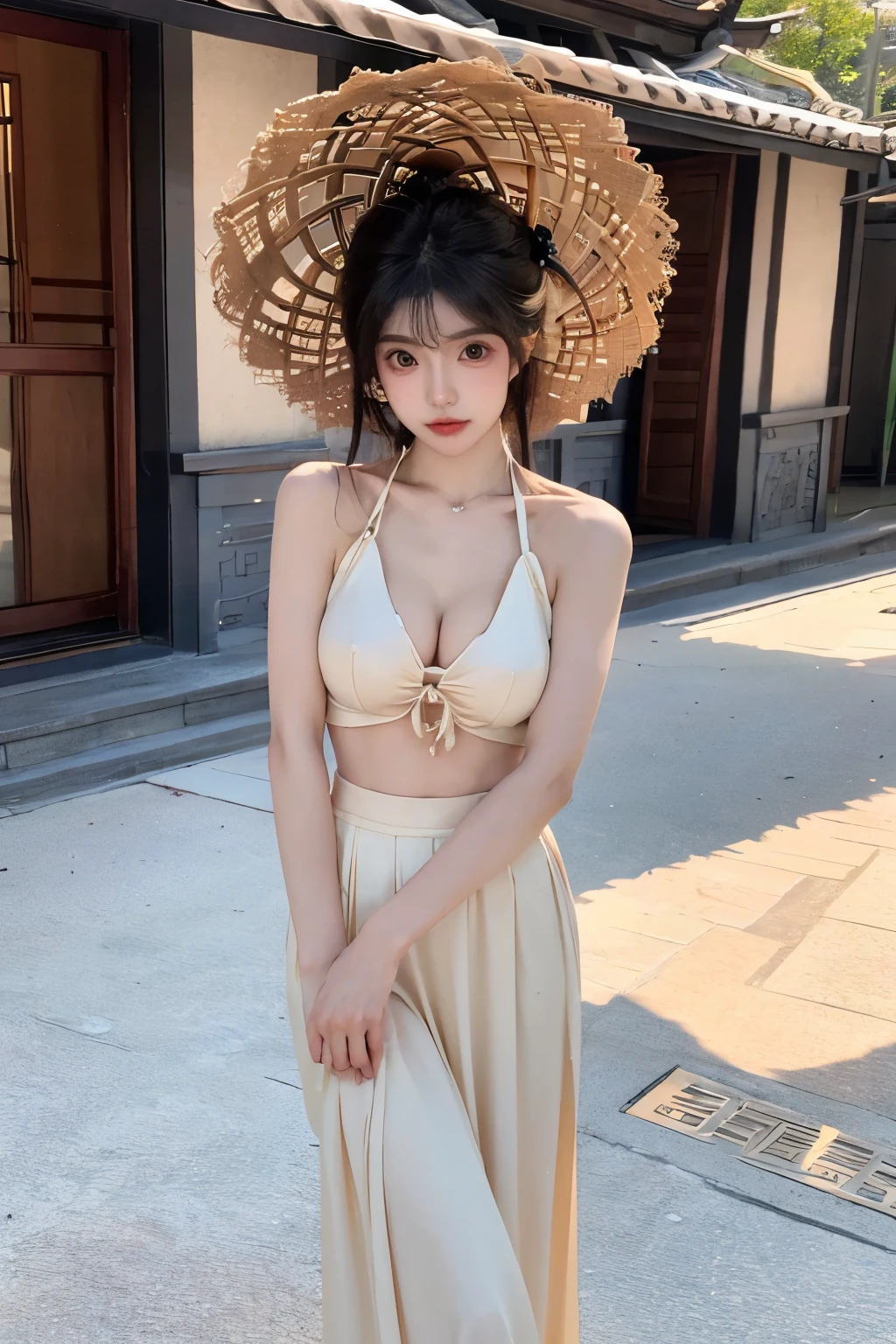 Beautiful woman with perfect body:1.4,layered hairstyle,prominent cleavage,Golden Hanfu:1.5,ultra short pleated skirt,whole body,Highly detailed facial and skin textures,double eyelids,whiten skin,long hair