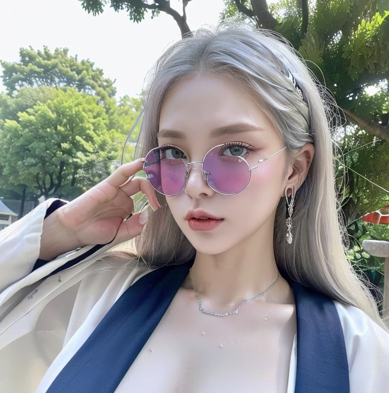 1 miniature Beautiful beautiful woman - Yuan Sayuki, ((top quality, 8K, Masterpiece:1.retty woman, 1 woman, huge breasts:1.3, a slim body:1.1, lush white long hair, (shower, wet body, wet clothes:1.1), very detailed face, detailed lips, detailed eyes, double eyelids, Detailed blue eyes, чрезвычайно Detailed Outstanding Blue Eyes, white wet hair, white wet hair, Detailed Outstanding Blue Eyes, innocent look at the viewer, very wet wavy white hair, Detailed Outstanding Blue Eyes, huge cross earrings, White kimono (Sport, martial art, jiu-jitso), bare chest, huge chest tattoo wearing a wreath, detailed huge earrings, chest tattoo, Outside - there are trees and a buddhist temple in the background, wear a silver cross (Detailed cross shape), reality mode, wet breasts, black necklace, human crowd behind, naked breasts, naked breasrs, naked nipples, hair of white snowy colour, accurately detailed RED TAINTED GLASSES