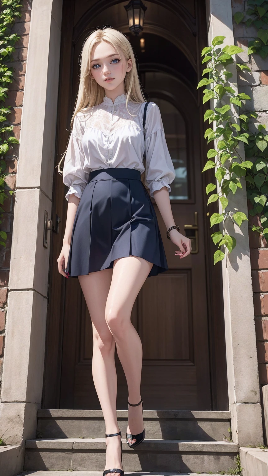 ((Viewing angle from below、Highest quality、masterpiece、32k、Every detail))、Descend the outdoor stairs、commute、Systemic symptoms、Traditional navy blue sailor uniform、White blouse、Pleated skirt、(((A strong wind blows up her hair and skirt:1.62)))、(( I always wear the strap of my bag across my body..:1.22))、One Girl, alone、(((mini skirt, No underwear:1.22)))、Big Breasts、barefoot, High heels
