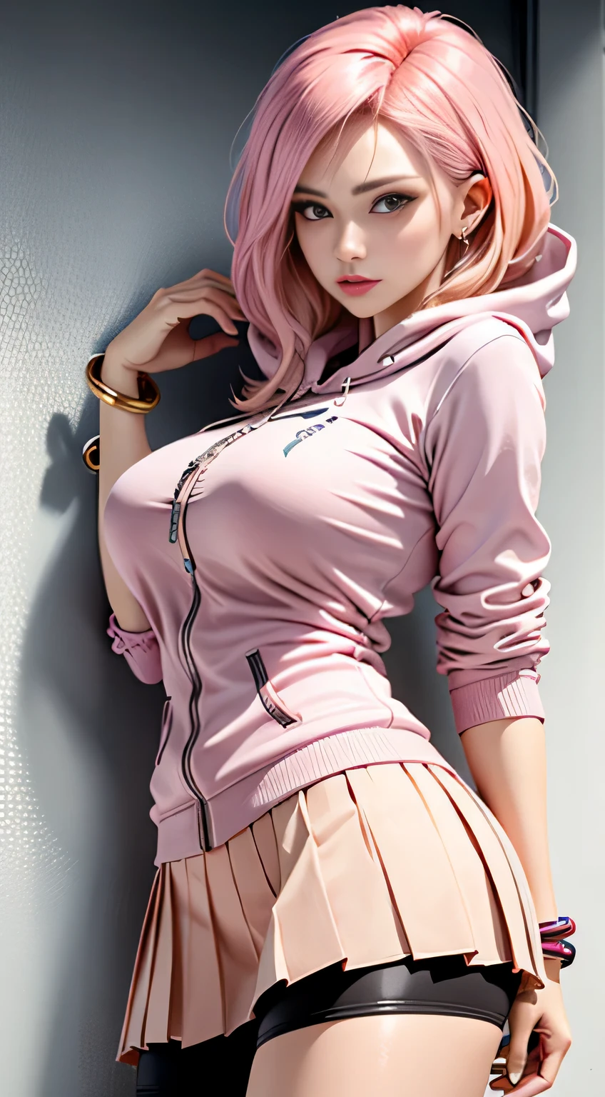 (NSFW),Professional Woman Photography, masutepiece, Big, 1womanl, Artistic background、Flirting, From above, (sweat bangle: 1.3), blur backgroun, beautiful villain woman photo, ((pink gangster style)), pantyshot,Open front, Skirt, ((pink hoodie, Peach-colored hair)), Realistic, Beautiful lips, Brown eyes, Pink checked pleated skirt, of the highest quality, Ultra Detail, Naughty angles, long eyes, Mature beautiful face, Seductive eyes, Back lighting,