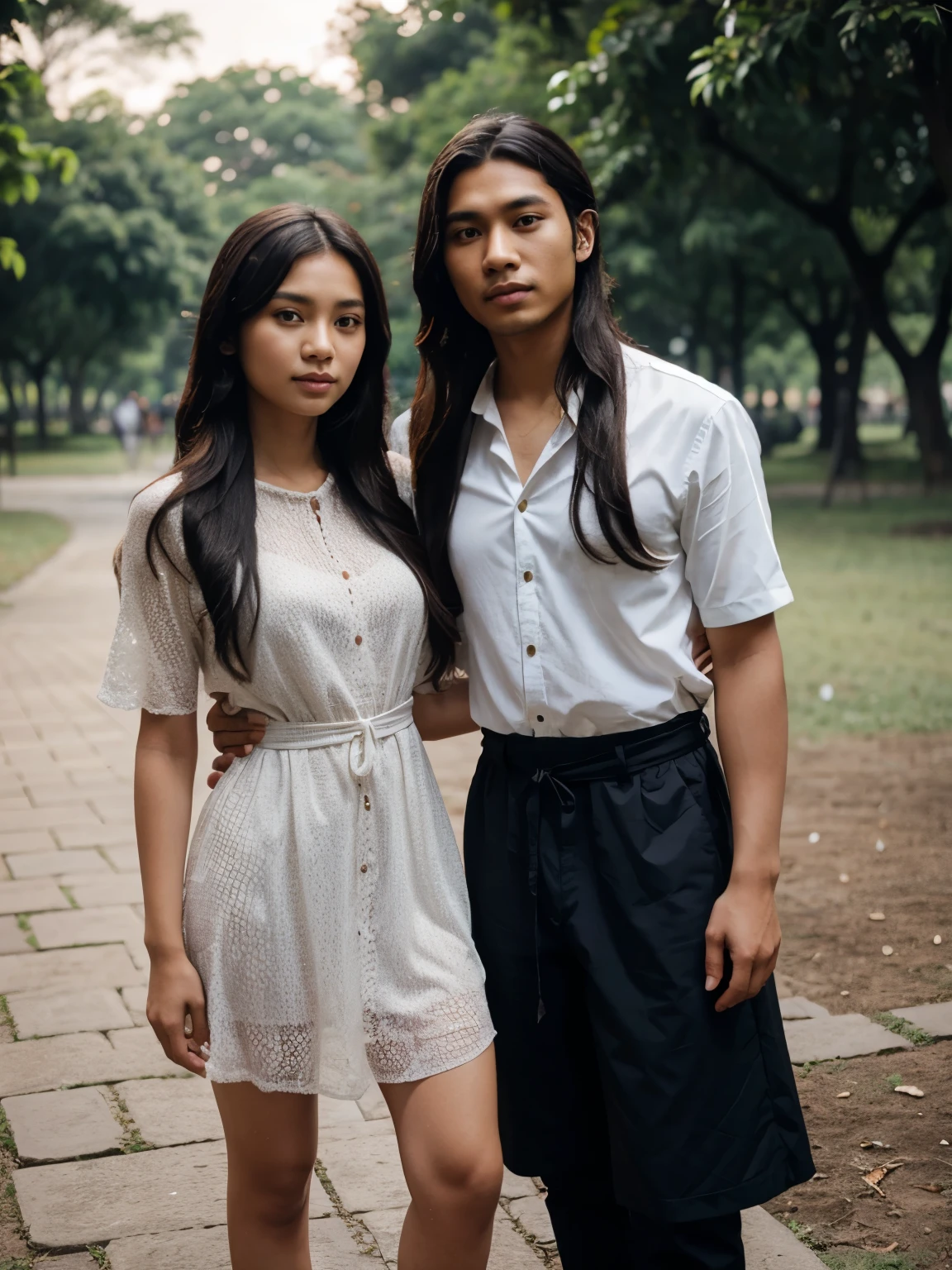 a handsome young Indonesian man with long wavy hair black. were standing together in a park with, a beautiful young Indonesian woman with long wavy hair. dress casual