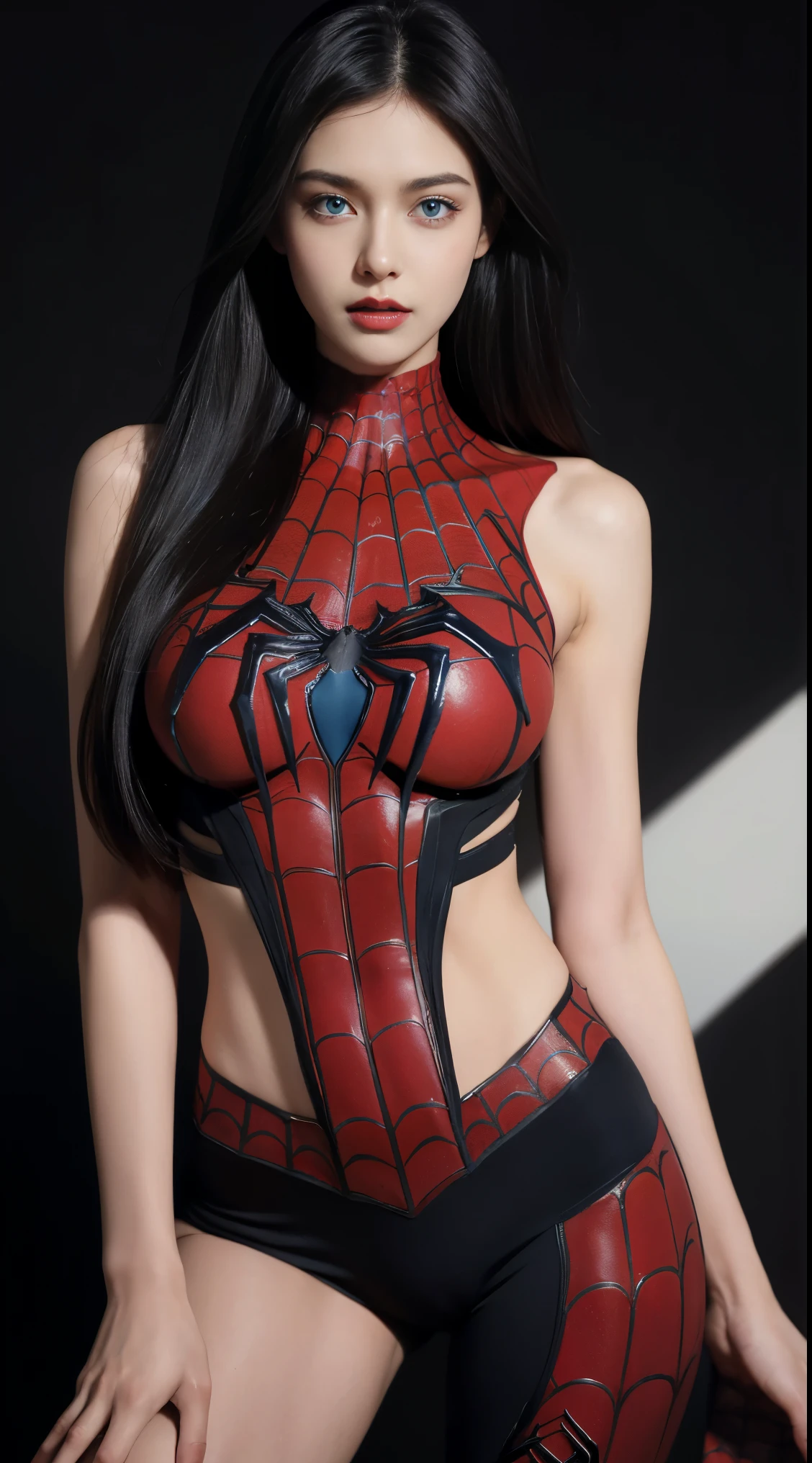 8K, Top Quality, Intricate Details, Ultra Detail, Ultra High Resolution, Masterpiece, close up shot, (full body: 1.1), Slender, Smile, (Makeup: 0.4), (Fluffy Blue Eyes: 1.21), (()), 1girl, solo, 1 girl, ((black hair, long hair)), close up shot, , ((tall)), (((fit body))), (((slim face))), sharp face, (( )) (detailed face), sharp face, small lips, standing, ,
((torn spiderman suits, )), , ((,)), detailed face, detailed breast, , ((large breast, huge breast)), detail ass, Narrow Waist, Skinny, , Muscular, Navel, Exposed Abdomen, Pointed Chest,, Beautiful girl with accentuated slender abs: 1.4, Six Pack Abs: 1.4, Bust Botox, Big, Perfect Body, detail leg, (( dark background)), black background,