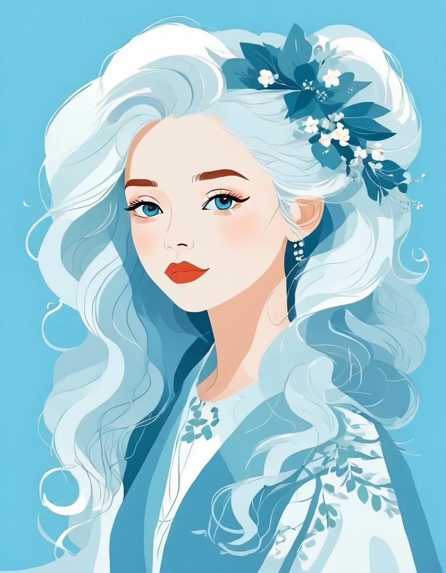 vector art，Modern girl，portrait，white hair，blue background，vector illustration vector illustration，Flat design style Flat design style，flat illustration flat illustration