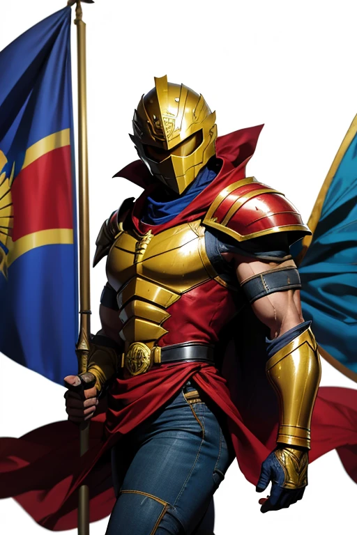 Tira de quadrinhos inspirada na arte de David Finch,A closeup of a Brazilian superhero wearing an emblematic mask and helmet, cintura delgada, ombros largos, Superhero uniform with white colors, preto, vermelho,e azul, holding a shield with the flag of the state of São Paulo, espirito determinado e poderoso, (corpo inteiro projetado na imagem) hero's name: Guardian Paulista(SFW) to red colour and king to knight to suit to powerfull 