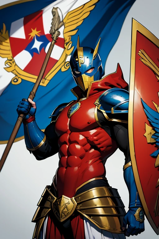 Tira de quadrinhos inspirada na arte de David Finch,A closeup of a Brazilian superhero wearing an emblematic mask and helmet, cintura delgada, ombros largos, Superhero uniform with white colors, preto, vermelho,e azul, holding a shield with the flag of the state of São Paulo, espirito determinado e poderoso, (corpo inteiro projetado na imagem) hero's name: Guardian Paulista(SFW) to red colour and king to knight to suit to powerfull