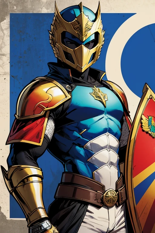 Tira de quadrinhos inspirada na arte de David Finch,A closeup of a Brazilian superhero wearing an emblematic mask and helmet, cintura delgada, ombros largos, Superhero uniform with white colors, preto, vermelho,e azul, holding a shield with the flag of the state of São Paulo, espirito determinado e poderoso, (corpo inteiro projetado na imagem) hero's name: Guardian Paulista(SFW) to red colour and king to knight to suit to powerfull