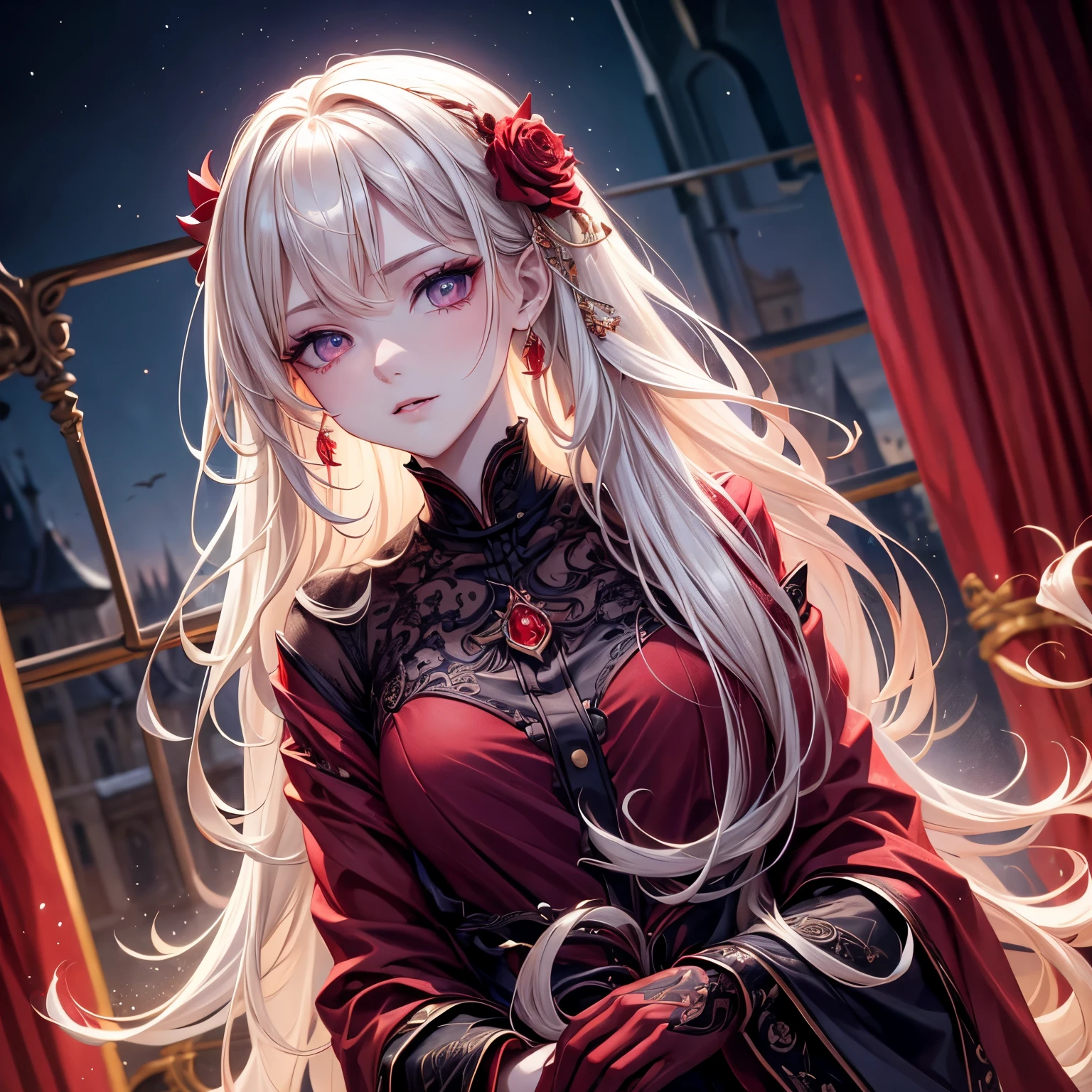 masterpiece, best quality, (focus only), (perfect face:1.1), (high detail:1.1), (Super detailed eyes), dramatic, 1 person, (pale skin), 金色的long hair, (red iris), personal focus, vampire, long hair, moon, night, red luxury suit, Pouting, castle, Detailed background, Artgerm&#39;s artwork, movie lighting, Red rose, Fashion