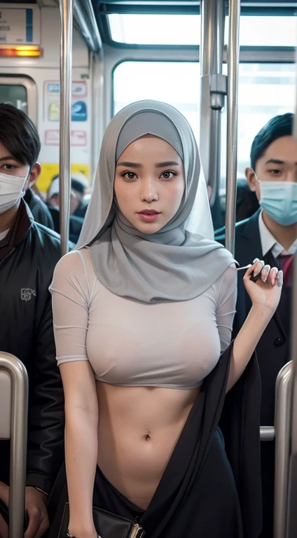 Beautiful fair skin matured malaysia girl in hijab, inside public train, seductive sexy face, 22 years old, standing pose hanging in trail, ultra detail face, detail skin texture and wrinkle, school background, wearing hijab, grey color hijab, full naked body, small breast, flat chest, wide waist, thick thighs, bright lighting, white lighting, dramatic lighting, high quality, cinematic movie shot angle and framing, weeding ring, bracelet and watch, nsfw, show pubic hair, show vagina, seductive face, seductive lips, wet lips, wet body, dense pubic hair, soft smile, seductive eyes, seductive position, hard nipple, front view shot, showing her vagina, thick pubic, sexy body, kissing with young couple, exhibionist, crowded train, public look at the girl, groped by pervert young men from behind
