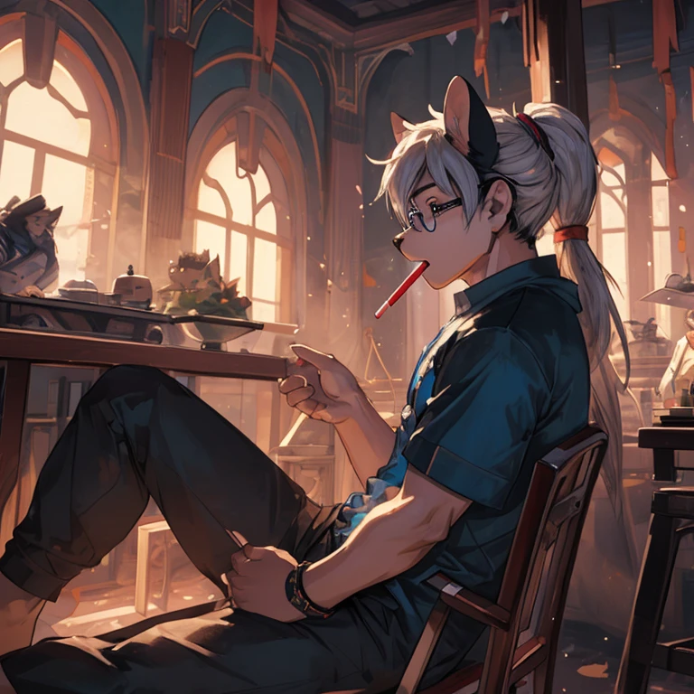 Deer orcs,Wear casual hooded shorts,Wearing loose shorts,one person,Holding a lollipop in his mouth,Different pupils,low ponytail,white hair,gold frame glasses,Lying in a sea of iris