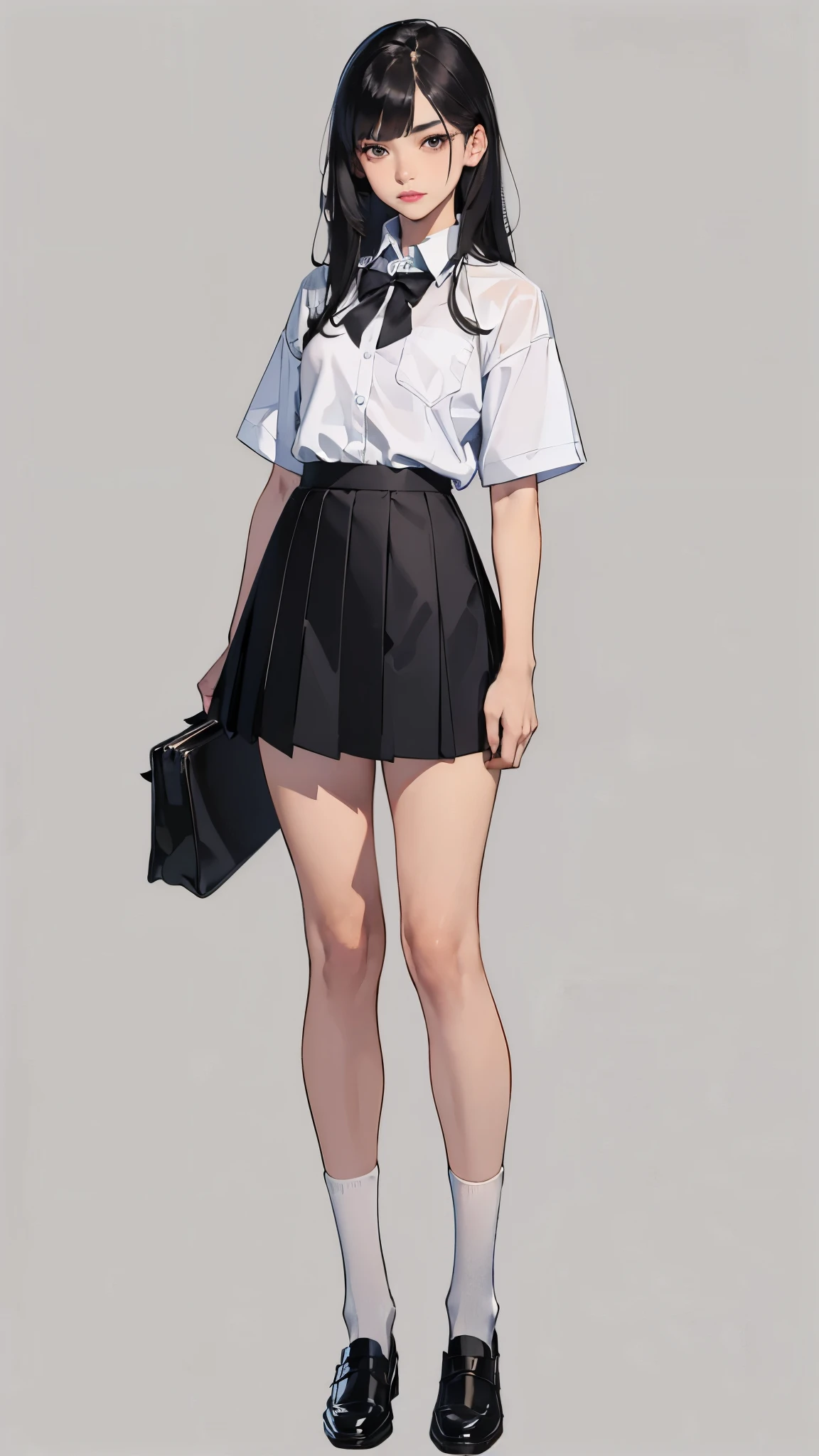 ((best quality,4k,highres,masterpiece:1.2)),((character concept art)), 1 female, teenage female, -yeld As beauty queen, ((black shoulder-length hair)), black hair, (fair skin colour), ultra finely detailed eyes (black eyes colour), innocent, beautiful, , slim body build, ((intricate detail)), super finely detailed hands, ultra finely detailed fingers(((ten fingers))), wearing white short sleeves school shirt with bowtie, gray school skirt, knee-length school socks, and black school loafers, (standing casually), (full body showcase), (show full body), (no logos on background), (no logo), ((plain background)), ((plain background)), (((empty background)))