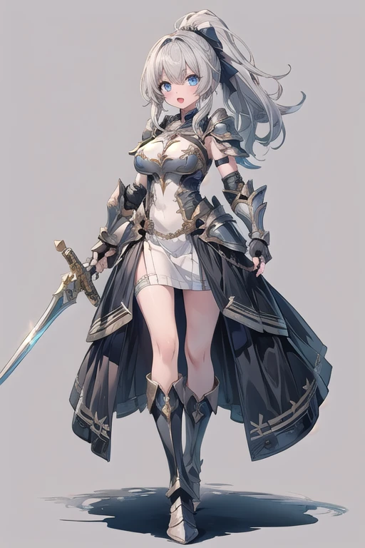 1girl, armor, weapon, sword, holding, solo, breastplate, holding-weapon, long-hair, ponytail, grey-hair, holding-sword, open-mouth, fingerless-gloves, shoulder-armor, full-body, gloves, dress, boots, standing, helmet, armored-boots, white-dress, blue eyes, ((big breasts) 1:1)