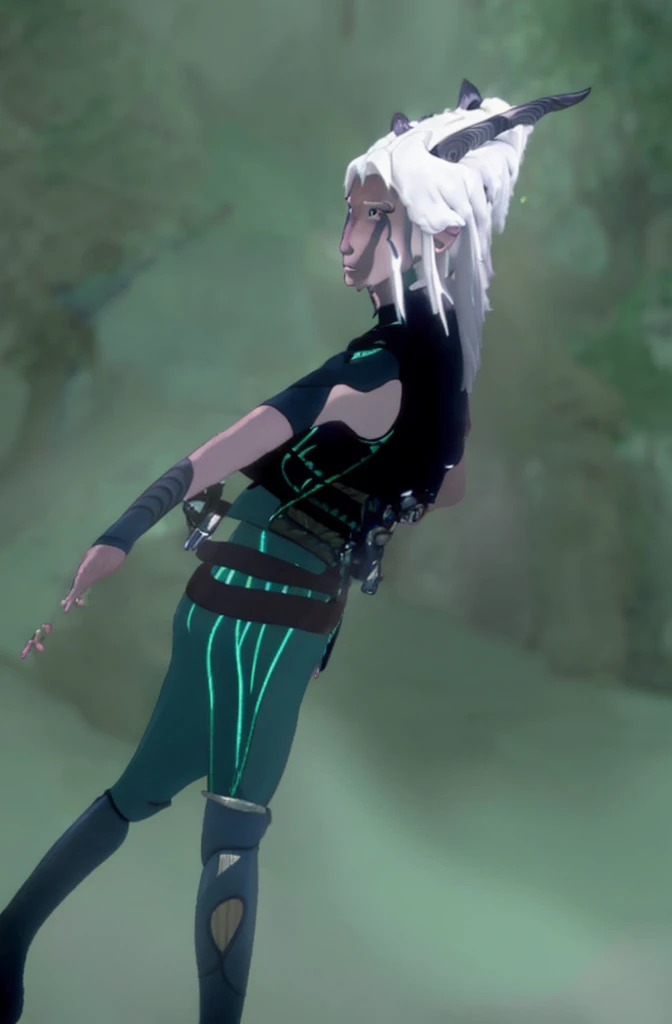 Anime girl, Rayla, White hair, horns, elf ears, beautiful, breasts, good ass, blue markings, tank top, sweatpants, zipper hoodie,