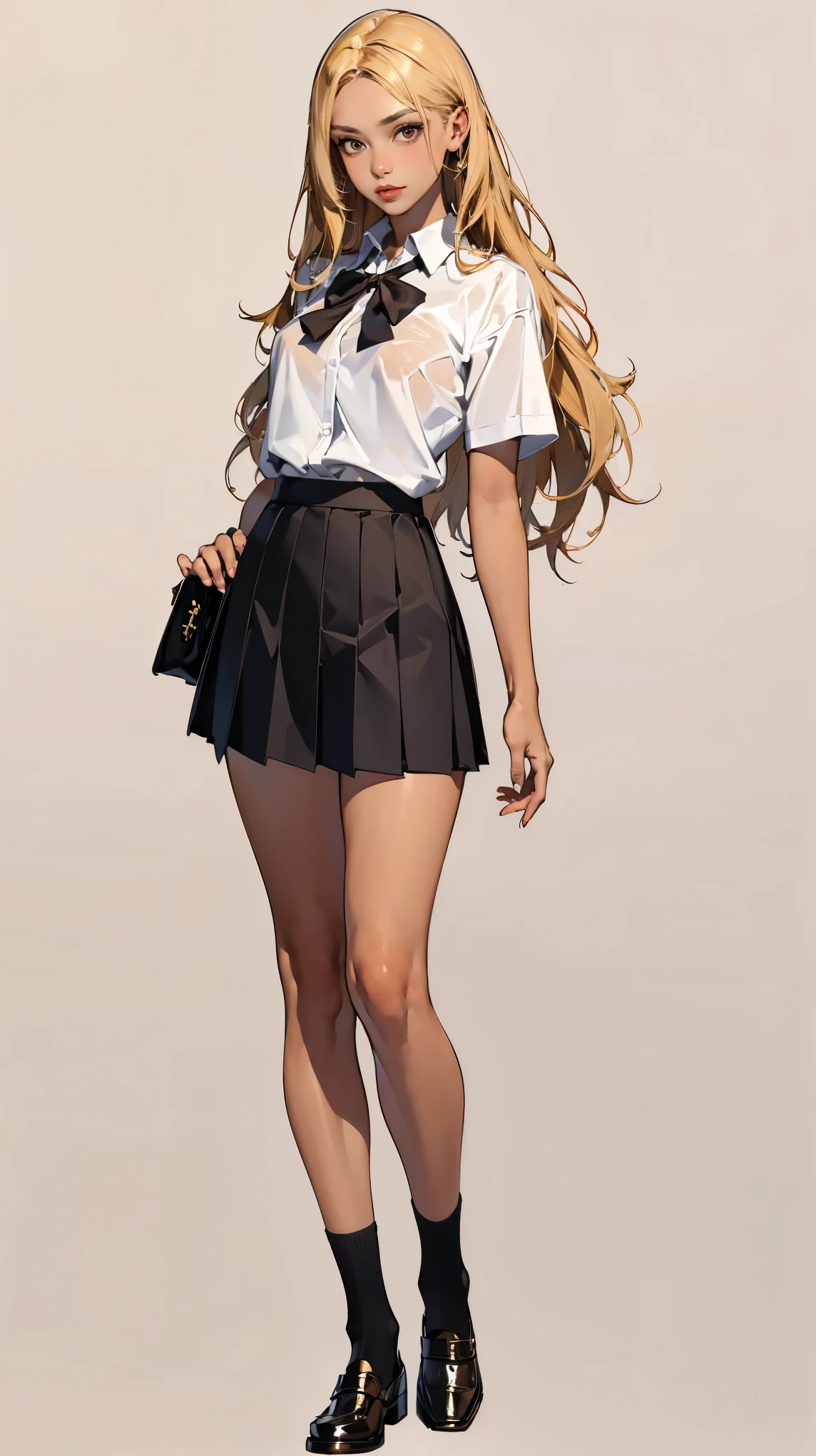 ((best quality,4k,highres,masterpiece:1.2)),((character concept art)), 1 female, teenage female, Gyaru high school girl, ((dyed brown or blonde long hair)), hair styled with lots of accessories, (tan skin colour), ultra finely detailed eyes (decorative contact lenses), fashionable, outgoing, socially active, slim body build, ((intricate detail)), super finely detailed hands, ultra finely detailed fingers(((ten fingers))), wwearing white short sleeves school shirt with bowtie, gray school skirt, knee-length school socks, and black school loafers, heavy makeup, (standing casually), (full body showcase), (show full body), (no logos on background), (no logo), ((plain background)), ((plain background)), (((empty background)))