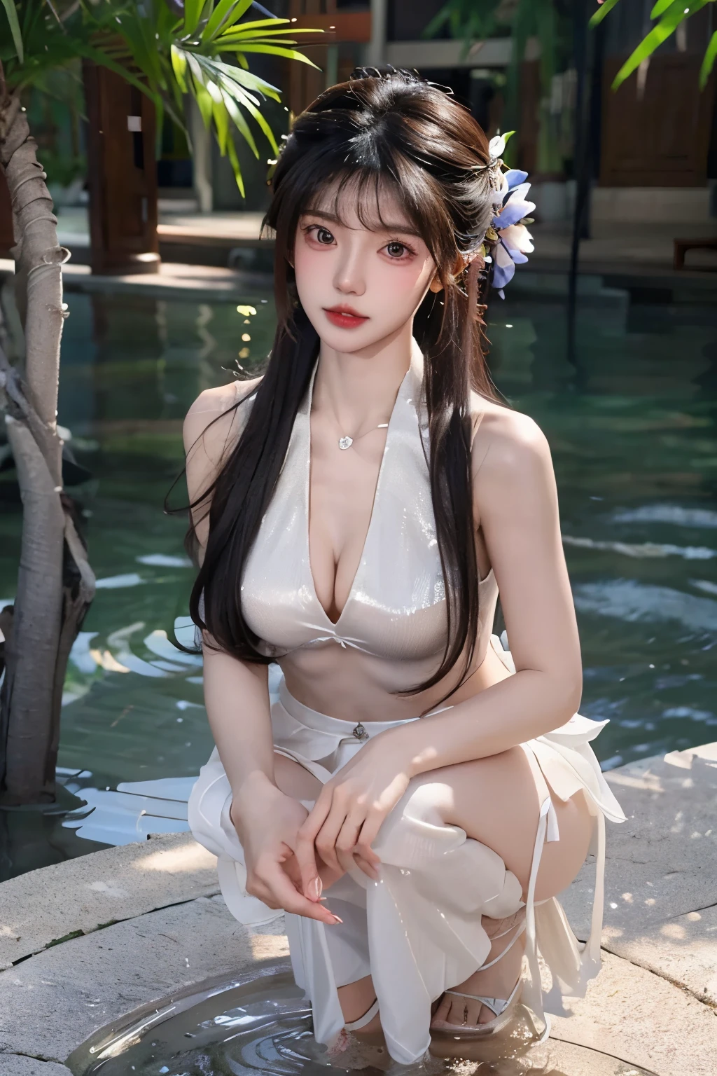 Beautiful woman with perfect body:1.4,layered hairstyle,prominent cleavage,Silver Hanfu:1.5,ultra short pleated skirt,whole body,Highly detailed facial and skin textures,double eyelids,whiten skin,long hair