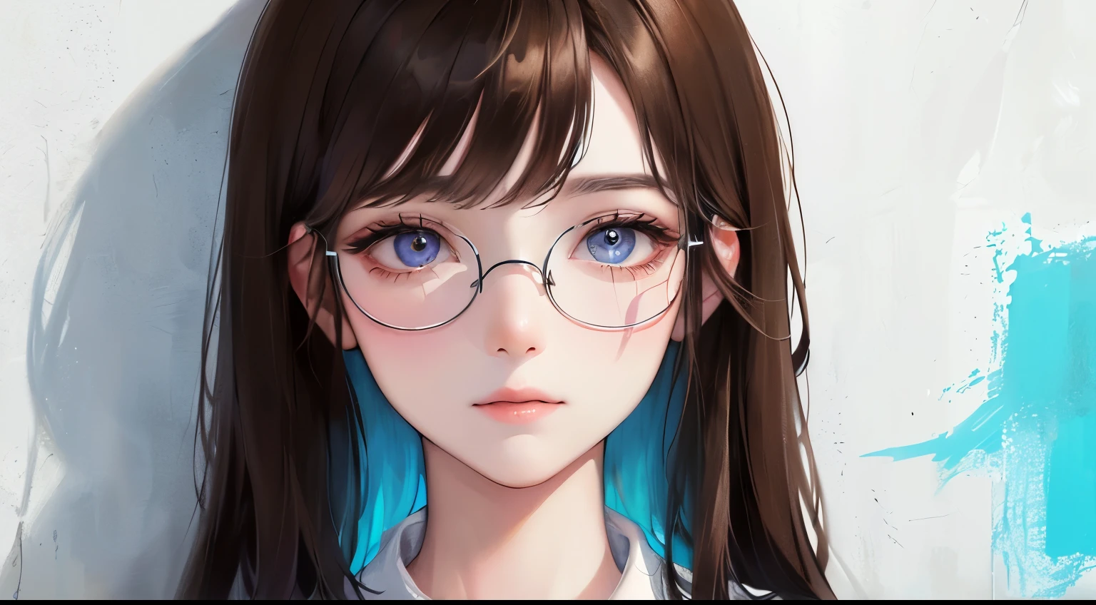 (((one girl)))、Masterpiece,best quality, (((Colorful paint on face, clothes and walls))), paintbrush、determined expression, upper body diagram、Glasses、((cheerful look))、white shirt、 (highest resolution、clear_image)、best quality、contrast of light and shadow、((illumination))、very detailed、semi-realistic、Perm hairstyle、brown hair、bangs、19 years old、outdoor、 Lady,,young、((View from top))、delicate facial features facial features