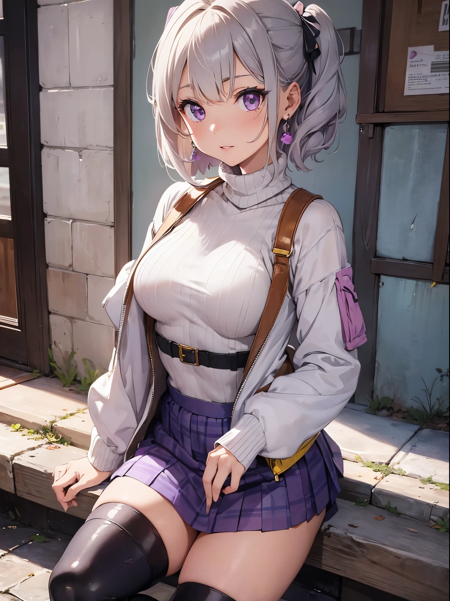 masterpiece,best quality,ultra-detailed,extremely detailed CG,high resolution,super detailed skin,perfect anatomy,trompe-l'?il illusionistic detail,cowboy shot,purple eyes,lipstick,eyeliner,eyeshadow,slender,shiny skin,medium breasts,bob cut,silver hair,shiny hair,BREAK 
The pastel-colored (turtle neck sweater:1.3) gives it a cute look, and the gingham check pattern box-bleated miniskirt gives it a healthy sex appeal.
The calm color (puffer down jacket:1.3) gives it a mature look.
BREAK 
On her feet, she wears long leather boots with a small ribbon as an accent, giving her a cute look.
BREAK 
With her hair up, she shows off her liveliness.
Her makeup is natural and her lips are mainly a cute pink color, which enhances her overall healthy and cute look.
Earrings and necklaces have cute designs that give you a sense of excitement when you go out.
BREAK 