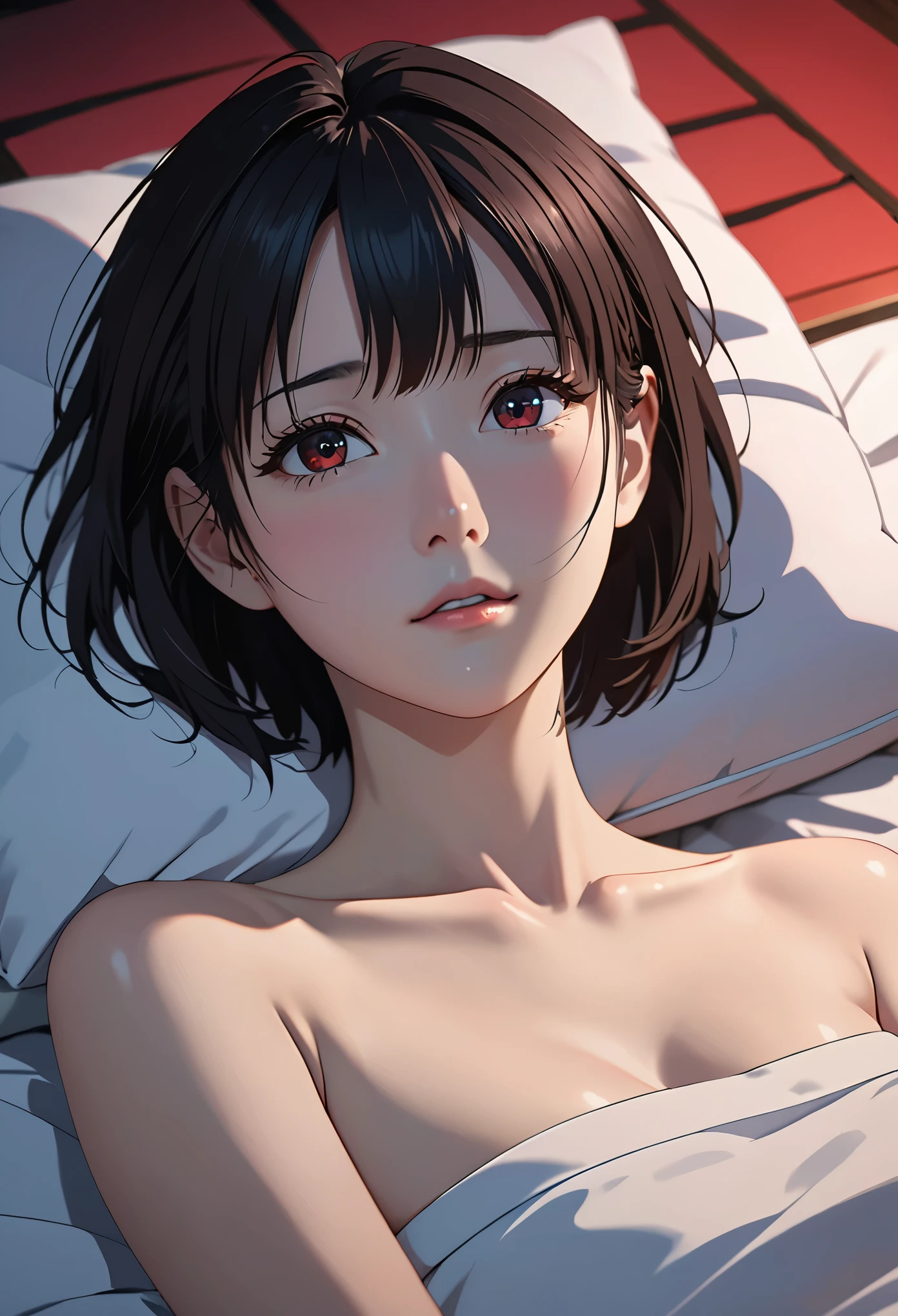 nsfw,I want to see up to my kneecapasterpiece, High resolution, figure, Kyoto animation style, your name is movie style, night, midnight, light, (1 female: 1.3), (alone: 1.4), long eyelashes, short bob, nose becomes red, futon, lying down, naked,  hide with hands胸部, hide with hands,lying on the bed