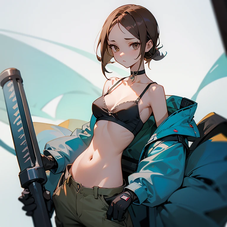 slender、Goggles on foreheadをつけている、small ass、A slender and delicate mechanic girl、Roomy clothes、oversized cargo pants、It&#39;s a bellybutton、White camisole with thin fabric、visible bra straps、bare shoulders、off shoulder、work gloves、Goggles on forehead、hold a wrench in one hand、brown skin、Middle hair、slender、big breasts、cleavage、choker、high leg pants、