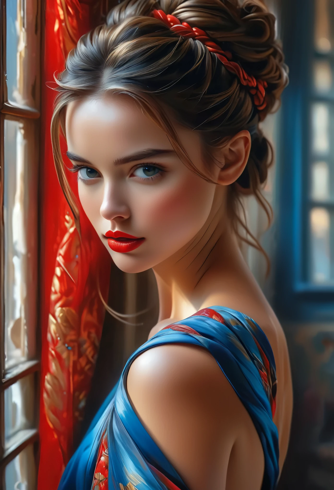 (Best Quality, 4K, 8K, High Resolution, Masterpiece: 1.2), (Super Detailed, Realistic, Photorealistic:1.37)A captivating young girl, donning a striking ensemble of red and blue, stands before a window with an air of toughness and determination. Her enchanting eyes are exquisitely detailed, capturing every glimmer and depth, while her lips boast a meticulous beauty that is both captivating and alluring. The level of detail extends to her entire face, each contour and feature meticulously rendered to perfection, creating a sense of hyper-realism that draws the viewer in. 

The girl's attire, reminiscent of oil painting art, is a work of art in itself. The fabric, skillfully crafted to resemble vibrant brushstrokes, adds a touch of dynamism to her overall appearance. It is a true reflection of the artist's talent, showcasing a mastery, (NSFW:1.5), Chignon hairstyle, beautiful nipples