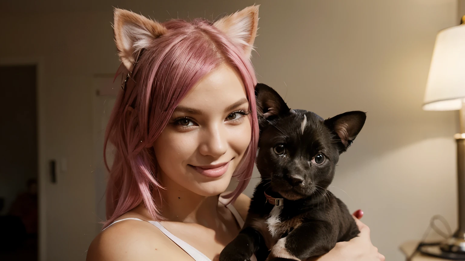 a photo of an extremely beautiful woman with perfect features, smiling and looking into the camera. she has highlighted hot pink hair and cat ears. holding a pitbull puppy in her arms. a super model photo shoot. proper lighting.