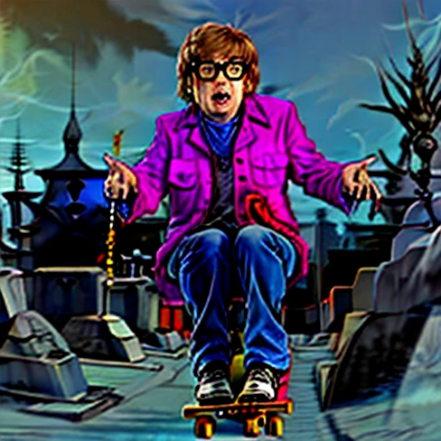 Austin Powers playing Electric Guitar riding Skateboard on Graveyard
