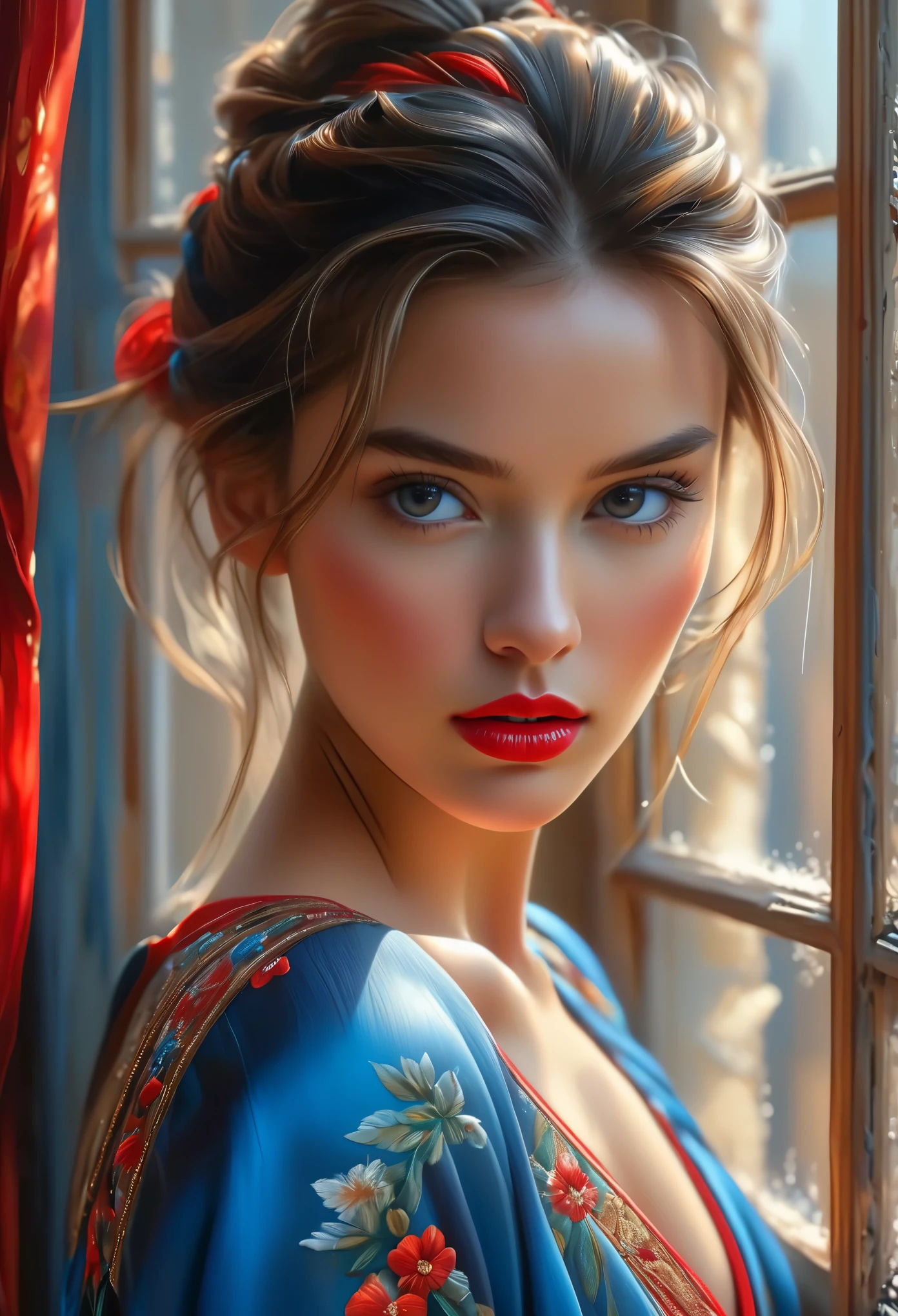 (Best Quality, 4K, 8K, High Resolution, Masterpiece: 1.2), (Super Detailed, Realistic, Photorealistic:1.37)A captivating young girl, donning a striking ensemble of red and blue, stands before a window with an air of toughness and determination. Her enchanting eyes are exquisitely detailed, capturing every glimmer and depth, while her lips boast a meticulous beauty that is both captivating and alluring. The level of detail extends to her entire face, each contour and feature meticulously rendered to perfection, creating a sense of hyper-realism that draws the viewer in. 

The girl's attire, reminiscent of oil painting art, is a work of art in itself. The fabric, skillfully crafted to resemble vibrant brushstrokes, adds a touch of dynamism to her overall appearance. It is a true reflection of the artist's talent, showcasing a mastery, (NSFW:1.5), Chignon hairstyle, beautiful nipples