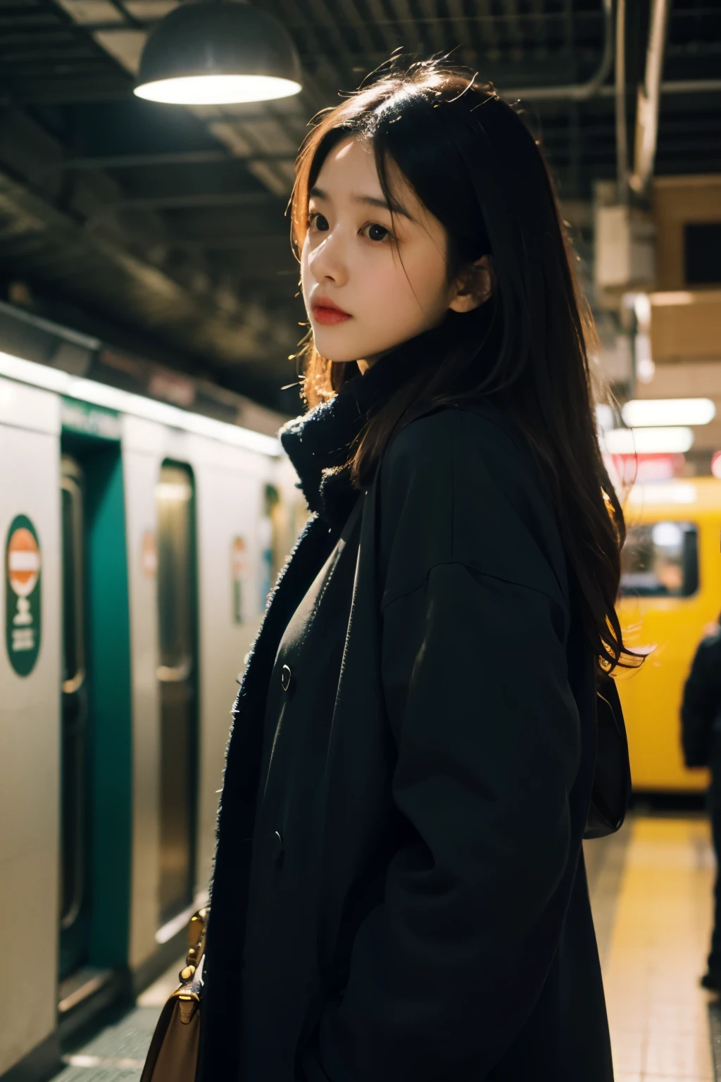 masterpiece,best quality,realistic,Life-like rendering,1 woman,chestnut,cowboy shot,side view,dinner,Night Shooting,girl inside the subway station,The subway passes behind her,motion blur,film grain:1.2,Winter jacket,scarf,Radiant comfort, golden hour, cozy atmosphere
 