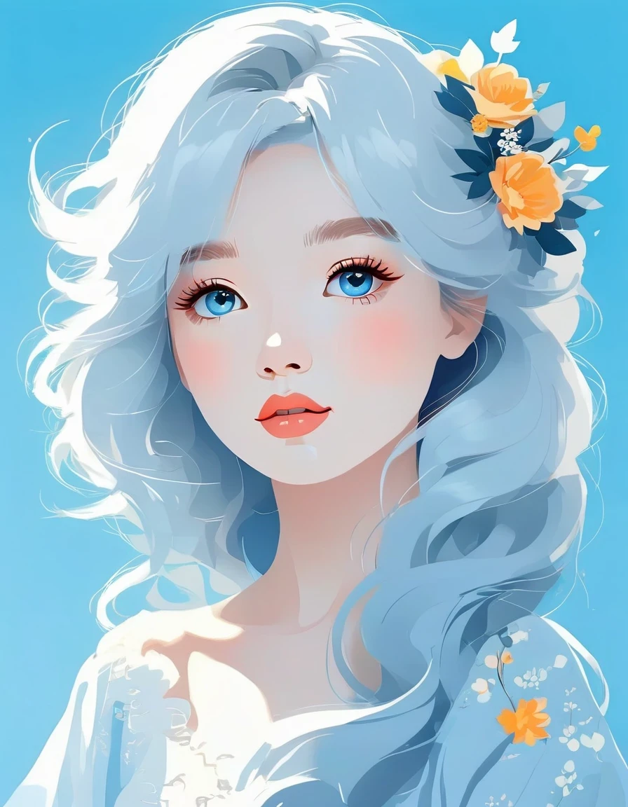 vector art，Helen Huang style，Modern girl，portrait，white hair，blue background，vector illustration vector illustration，Flat design style Flat design style，flat illustration flat illustration