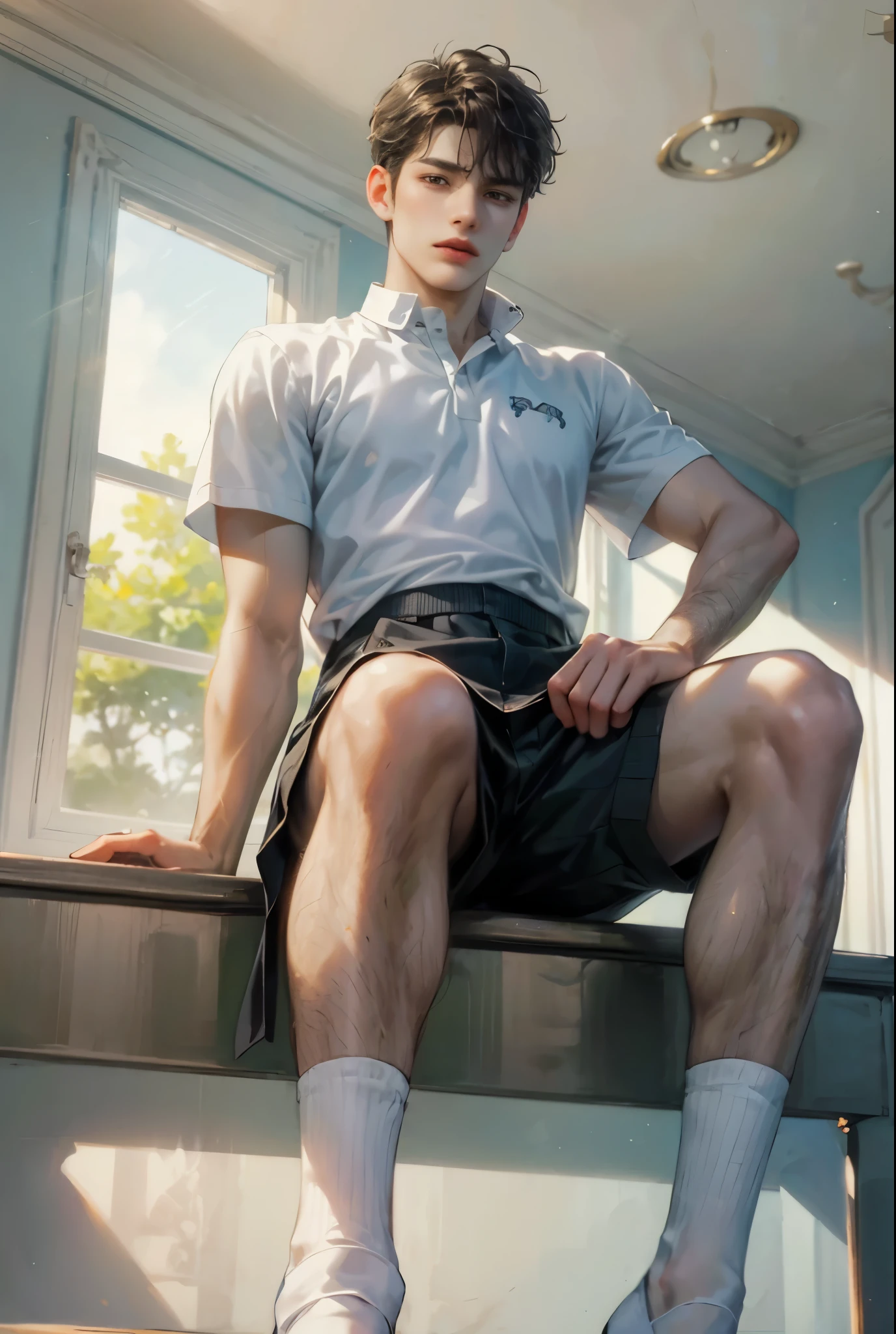 Campus white socks handsome guy，Slender legs，The crotch protrudes，Abs，on the campus，slender leg，The crotch protrudes，White socks with handsome abs