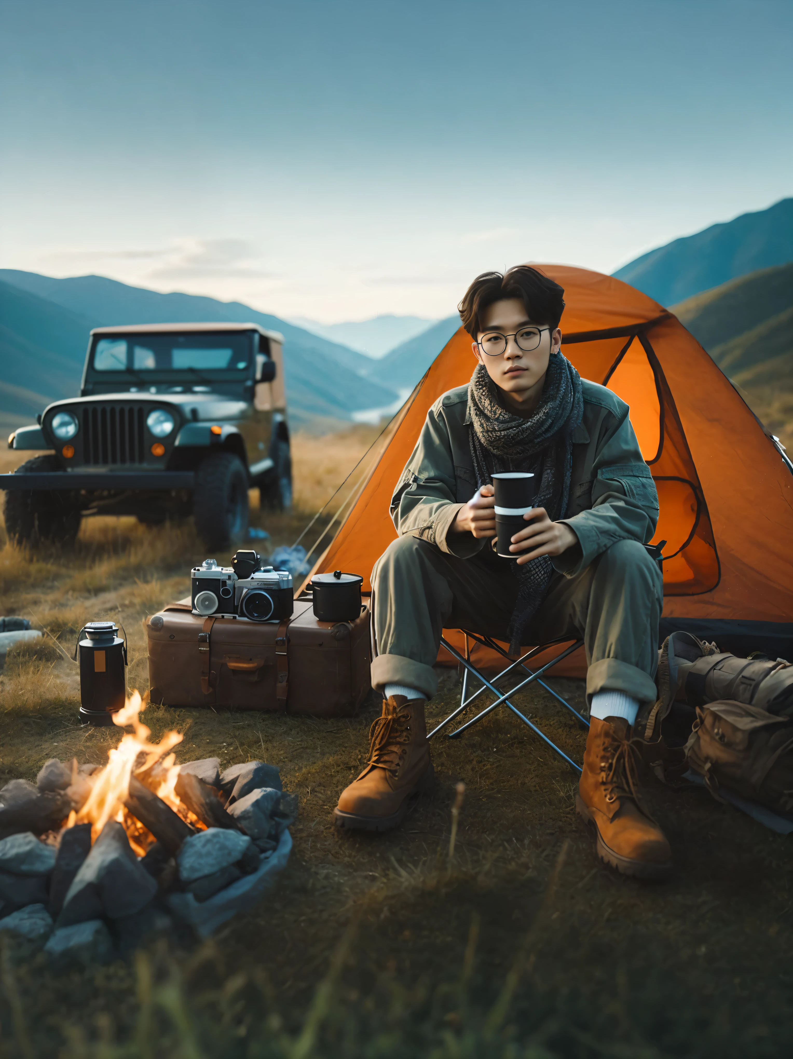 there is a man sitting in a chair next to a campfire, camping, cinematic luts, high quality portrait, trending on pexels, he is at camp, travel and adventure, cinematic. by leng jun, outdoor fine photography, pexels contest winner, perfect composition and lighting, adventuring gear, cinematic photography, shot on canon eos r5