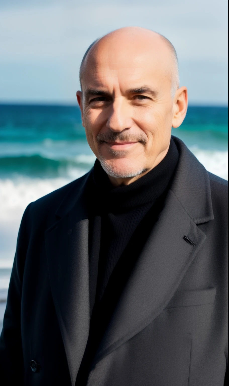 photo of 60 y.o European man in black clothes, bald, face, half body, body, high detailed skin, skin pores, coastline, overcast weather, wind, waves, 8k uhd, dslr, soft lighting, high quality, film grain, Fujifilm XT3