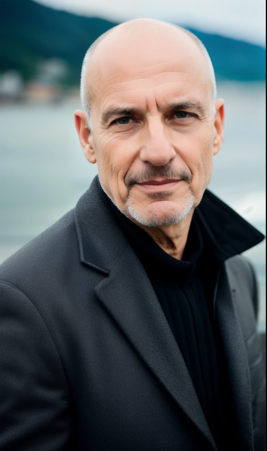 photo of 60 y.o European man in black clothes, bald, face, half body, body, high detailed skin, skin pores, coastline, overcast weather, wind, waves, 8k uhd, dslr, soft lighting, high quality, film grain, Fujifilm XT3