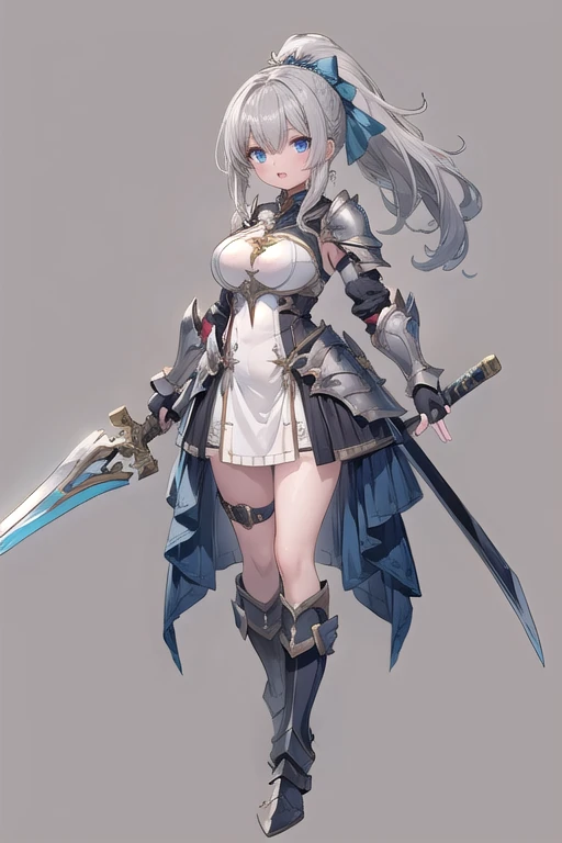 1girl, armor, weapon, sword, holding, solo, breastplate, holding-weapon, long-hair, ponytail, grey-hair, holding-sword, open-mouth, fingerless-gloves, shoulder-armor, full-body, gloves, dress, boots, standing, helmet, armored-boots,  white-dress, blue eyes, ((big breasts) 1:1)
