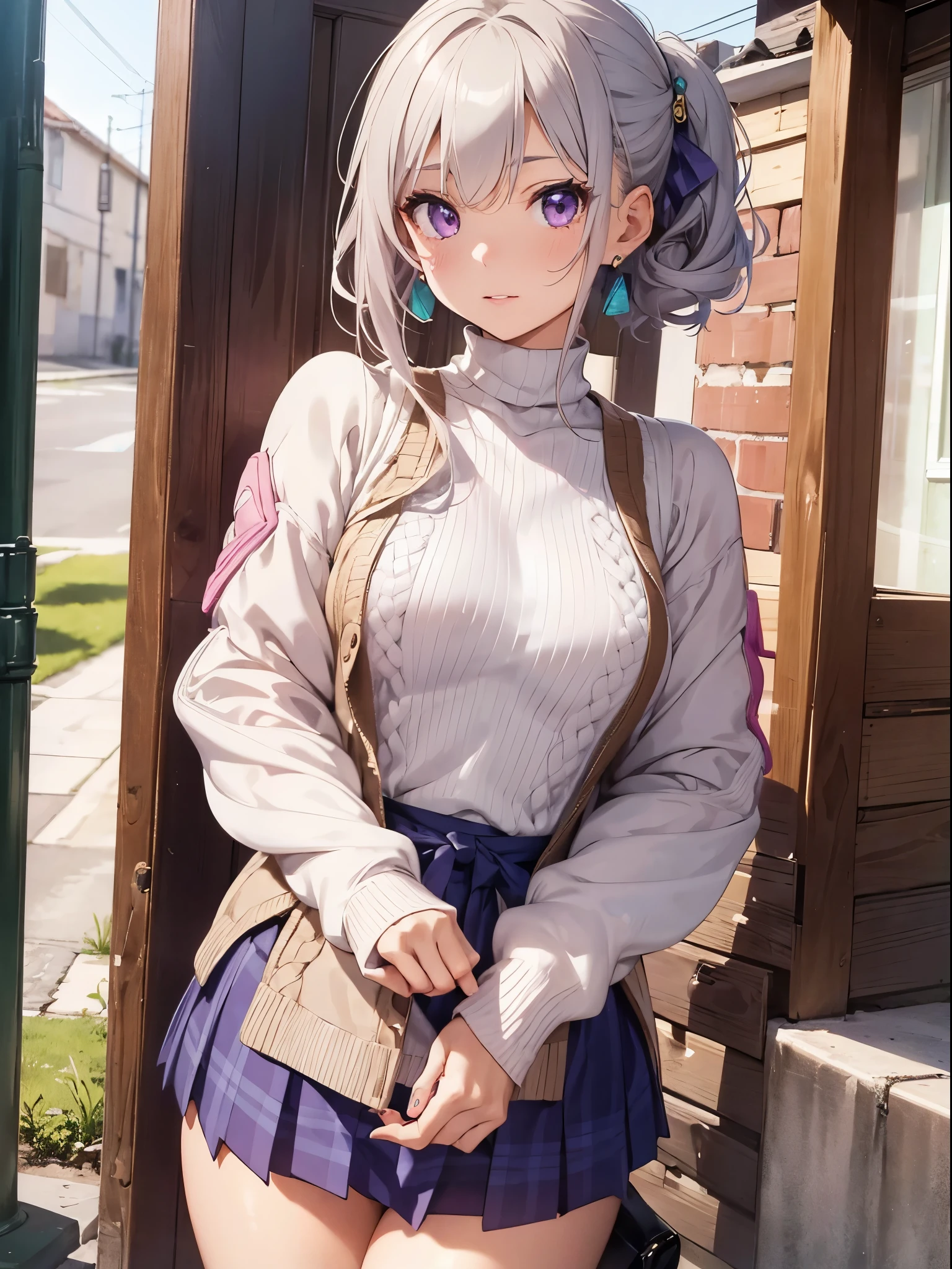 masterpiece,best quality,ultra-detailed,extremely detailed CG,high resolution,super detailed skin,perfect anatomy,trompe-l'?il illusionistic detail,cowboy shot,purple eyes,lipstick,eyeliner,eyeshadow,slender,shiny skin,medium breasts,bob cut,silver hair,shiny hair,BREAK
The pastel-colored (turtle neck sweater:1.3) gives it a cute look, and the gingham check pattern box-bleated miniskirt gives it a healthy sex appeal.
The calm color (puffer down jacket:1.3) gives it a mature look.
BREAK
On her feet, she wears long leather boots with a small ribbon as an accent, giving her a cute look.
BREAK
With her hair up, she shows off her liveliness.
Her makeup is natural and her lips are mainly a cute pink color, which enhances her overall healthy and cute look.
Earrings and necklaces have cute designs that give you a sense of excitement when you go out.
BREAK