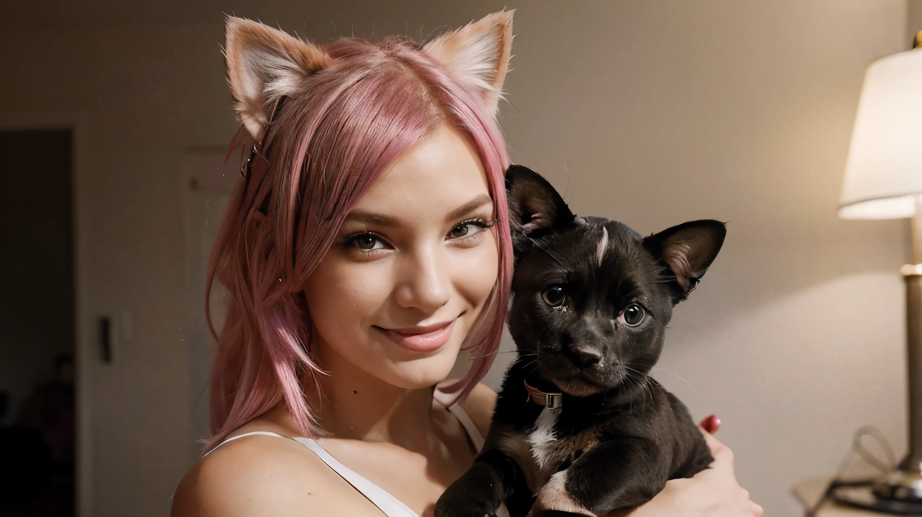 a photo of an extremely beautiful woman with perfect features, smiling and looking into the camera. she has highlighted hot pink hair and cat ears. holding a pitbull puppy in her arms. a super model photo shoot. proper lighting.