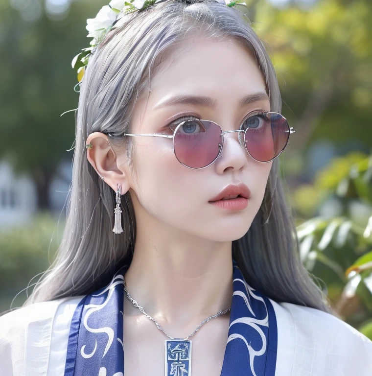 1 miniature Beautiful beautiful woman - Yuan Sayuki, ((top quality, 8K, Masterpiece:1.retty woman, 1 woman, huge breasts:1.3, a slim body:1.1, lush white long hair, (shower, wet body, wet clothes:1.1), very detailed face, detailed lips, detailed eyes, double eyelids, Detailed blue eyes, чрезвычайно Detailed Outstanding Blue Eyes, white wet hair, white wet hair, Detailed Outstanding Blue Eyes, innocent look at the viewer, very wet wavy white hair, Detailed Outstanding Blue Eyes, huge cross earrings, White kimono (Sport, martial art, jiu-jitso), bare chest, huge chest tattoo wearing a wreath, detailed huge earrings, chest tattoo, Outside - there are trees and a buddhist temple in the background, wear a silver cross (Detailed cross shape), reality mode, wet breasts, black necklace, human crowd behind, naked breasts, naked breasrs, naked nipples, hair of white snowy colour, accurately detailed RED TAINTED GLASSES