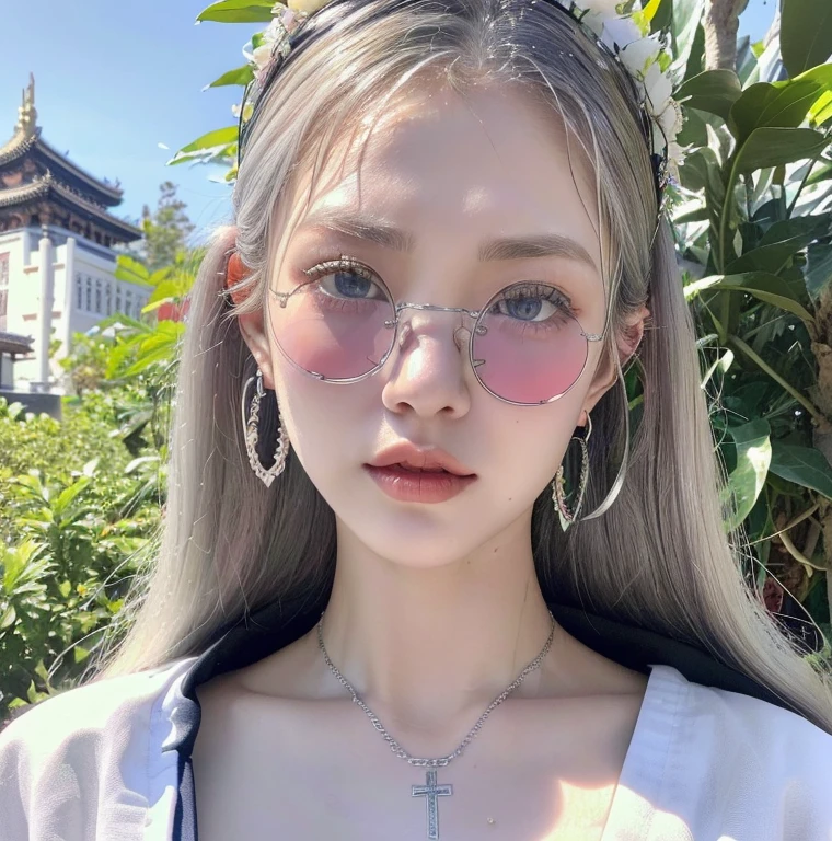 1 miniature Beautiful beautiful woman - Yuan Sayuki, ((top quality, 8K, Masterpiece:1.retty woman, 1 woman, huge breasts:1.3, a slim body:1.1, lush white long hair, (shower, wet body, wet clothes:1.1), very detailed face, detailed lips, detailed eyes, double eyelids, Detailed blue eyes, чрезвычайно Detailed Outstanding Blue Eyes, white wet hair, white wet hair, Detailed Outstanding Blue Eyes, innocent look at the viewer, very wet wavy white hair, Detailed Outstanding Blue Eyes, huge cross earrings, White kimono (Sport, martial art, jiu-jitso), bare chest, huge chest tattoo wearing a wreath, detailed huge earrings, chest tattoo, Outside - there are trees and a buddhist temple in the background, wear a silver cross (Detailed cross shape), reality mode, wet breasts, black necklace, human crowd behind, naked breasts, naked breasrs, naked nipples, hair of white snowy colour, accurately detailed RED TAINTED GLASSES