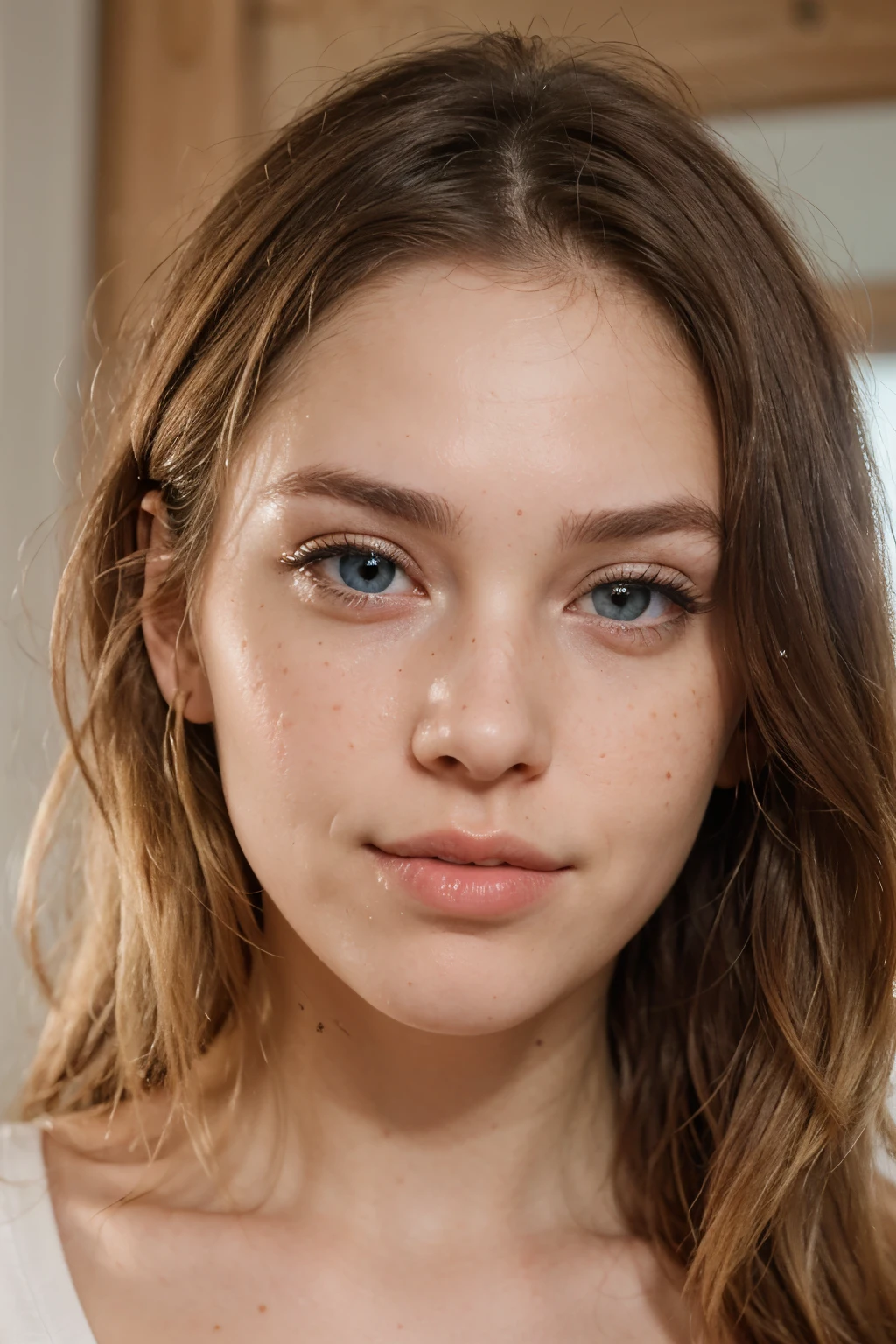 Hyperrealistic face, 23-year-old woman, blue eyes. Blonde hair color. Full lips, freckles, natural, attractive appearance. Dimples on the cheeks.