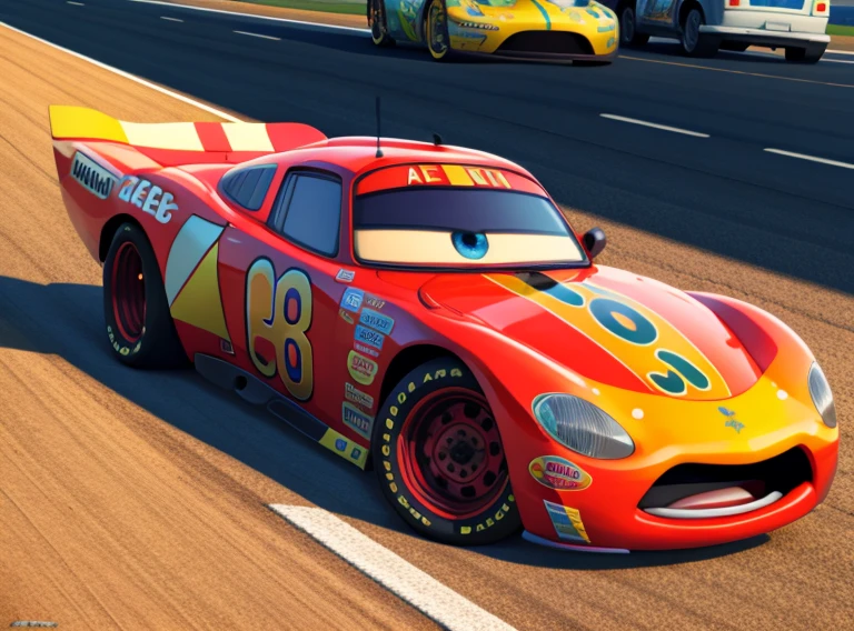 racing auto, autotoon, auto, mcqueen,caballo salvaje , vehicle, detallado, CG, detallado eyes and mouth, 3d representation, pixar, eyes, mirando al espectador, renderizado hq humano ho, arte de personajes, Fondo blanco, arte oficial, en una autopista 