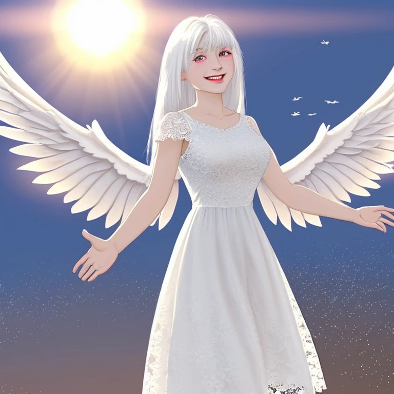What you imagine when you are called God,white lace dress,woman,White straight hair,There is a halo,The background is the 4 o'clock sky,It has large white wings,Smiling,21歳の麗しいwoman,animation