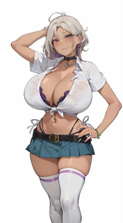 gyaru , tied blouse ,open blouse , cleavage , wearing school girl, upper cleavage, side-tie peek, white hair, belt, {{{gigantic breasts}}}, {{giggling}}, smirk, Provocative, {{{dark skin}}}, {{{constricted waist}}}, wavy hair, choker, navel piercings, ear piercing, purple bra, bracelet