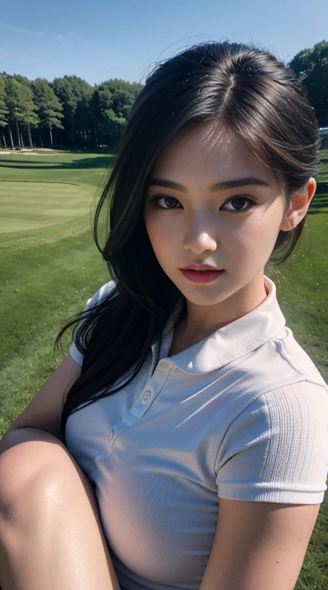 masterpiece, best quality, very detailed, facing the camera head, intricately detailed, realistic, sharp features, very detailed, sharp focus, perfect face, perfect face, perfectly symmetrical perfect eyes, perfect lips, Flexible female form, cinematic, film light, very detailed, hyper realistic, masterpiece, atmosphere, high resolution,sexy golf clothes, Golfers