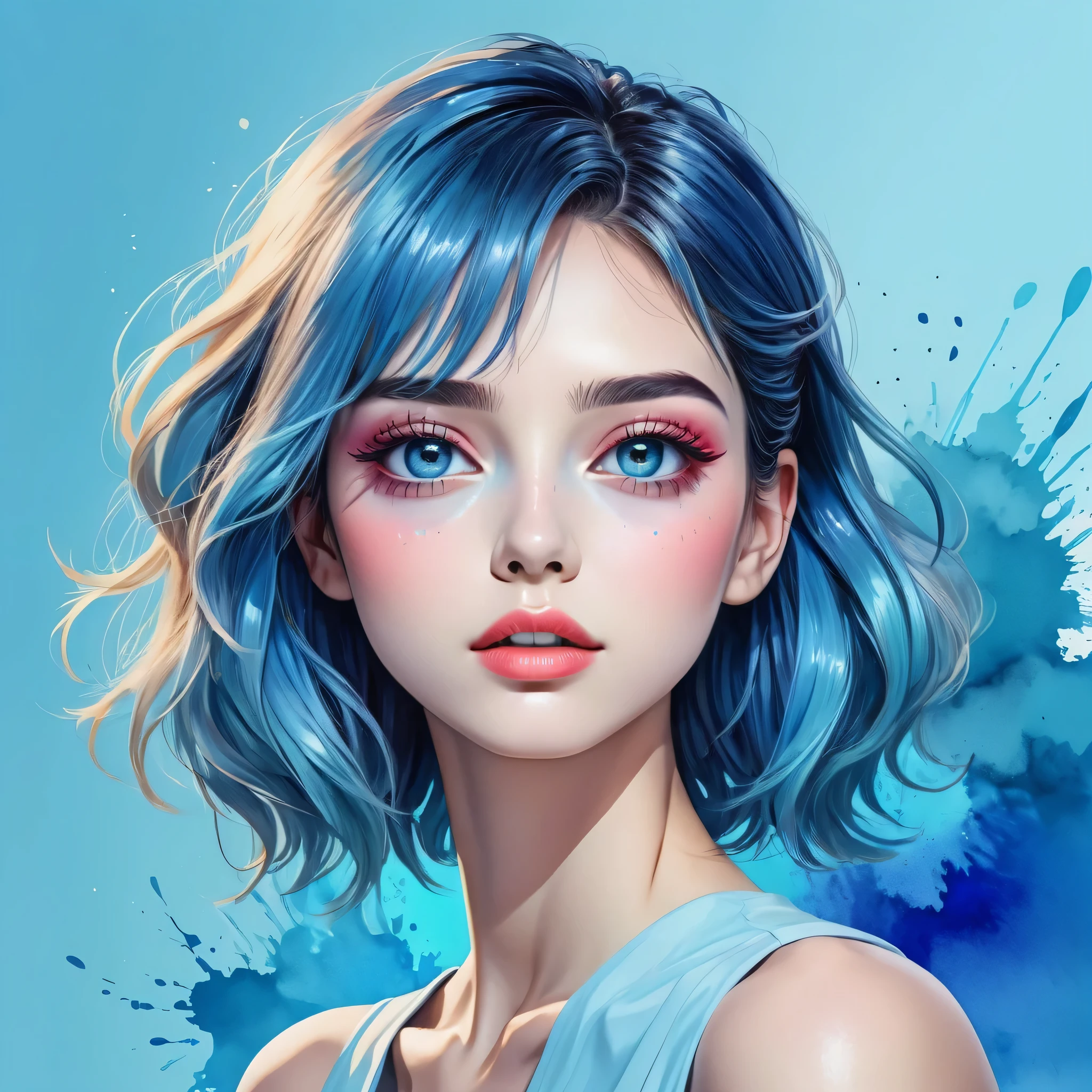 (very bright:1.4), light blue background, [1 girl::7],long eyelashes、glossy lips、blue gradient skin、eye shadow、 (head tilt:1.2), ([sketch|watercolor \(Moderate\)]:1.15), (Ink blotches:1.1), Chaotic Abstract Background, gradient blending, Bright colors, That&#39;s excellent, very detailed, Complex, highest quality、