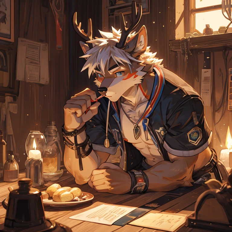 Deer orcs,With antlers,deer ears,wolf tail,juvenile,Wear casual hooded shorts,Wearing loose shorts,one person,Holding a lollipop in his mouth,Different pupils,low ponytail,white hair,gold frame glasses,Lying in a sea of iris