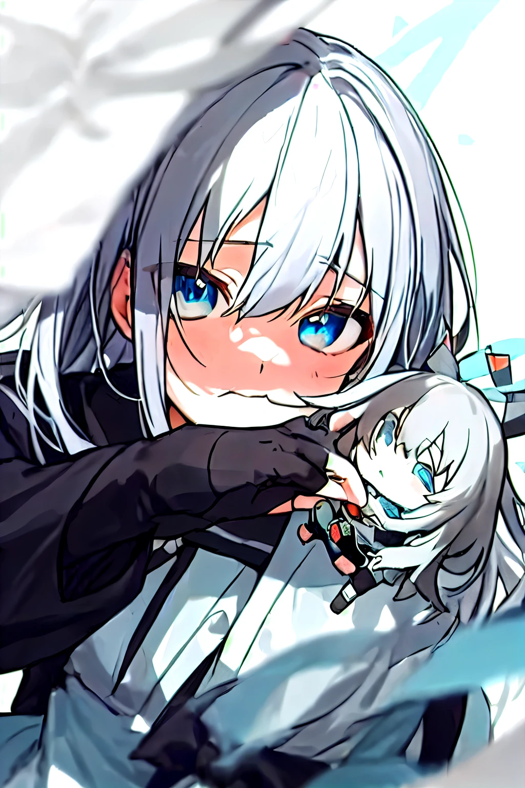 anime, A woman with white hair and blue eyes is holding her head, with your index finger, gapmoe yandere, Hajime Yatate, anime moe artstyle, anime visual of a cute girl, 短いgray hairの女の子, girls front line style, gray hair, silver haired少女, Fubuki, silver haired, shikamimi, From Dolls Frontline、birthday