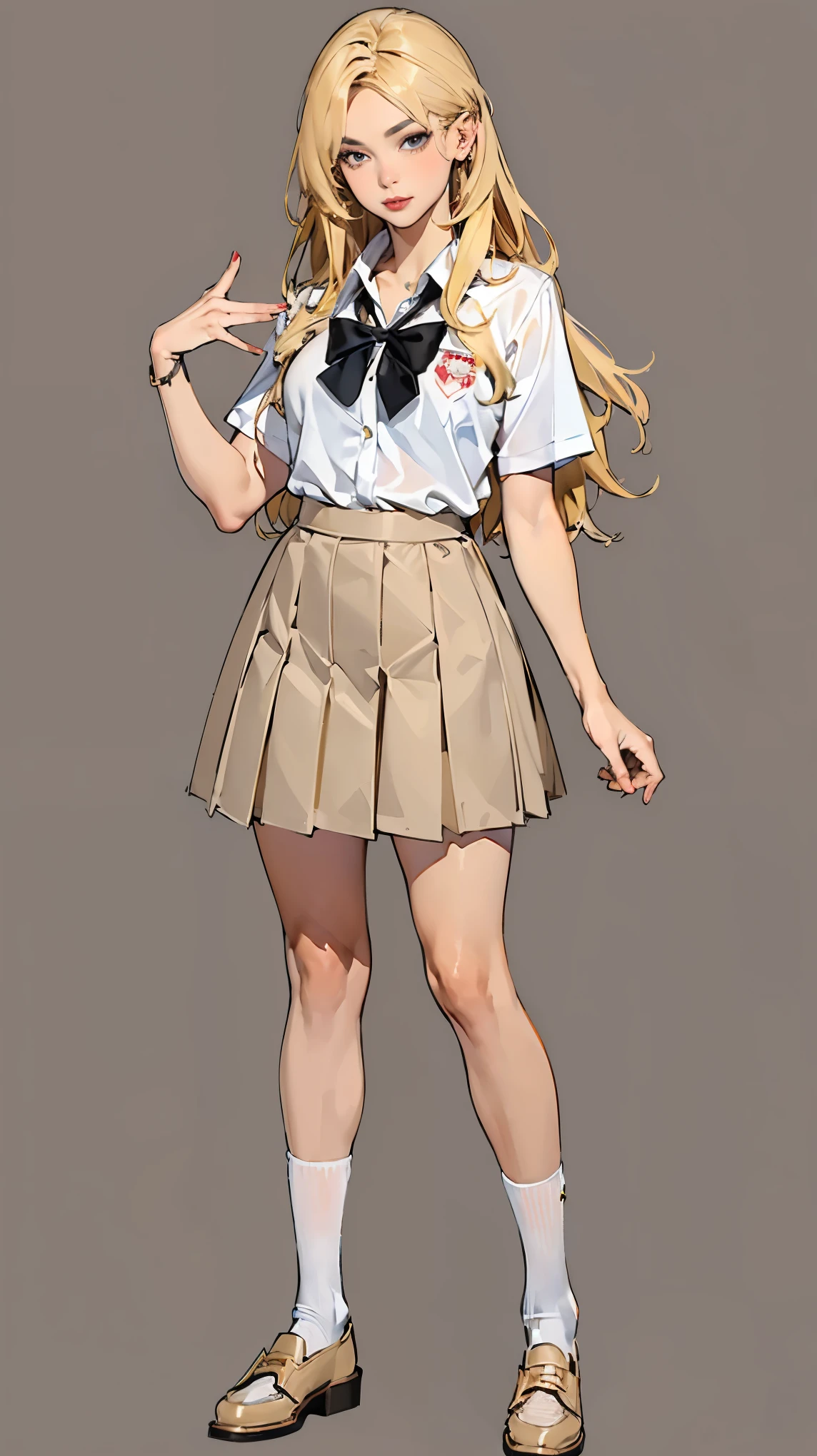 ((best quality,4k,highres,masterpiece:1.2)),((character concept art)), 1 female, teenage female, Gyaru high school girl, ((dyed brown or blonde long hair)), hair styled with lots of accessories, (tan skin colour), ultra finely detailed eyes (decorative contact lenses), fashionable, outgoing, socially active, slim body build, ((intricate detail)), super finely detailed hands, ultra finely detailed fingers(((ten fingers))), wwearing white short sleeves school shirt with bowtie, gray school skirt, knee-length school socks, and black school loafers, heavy makeup, (standing casually), (full body showcase), (show full body), (no logos on background), (no logo), ((plain background)), ((plain background)), (((empty background)))