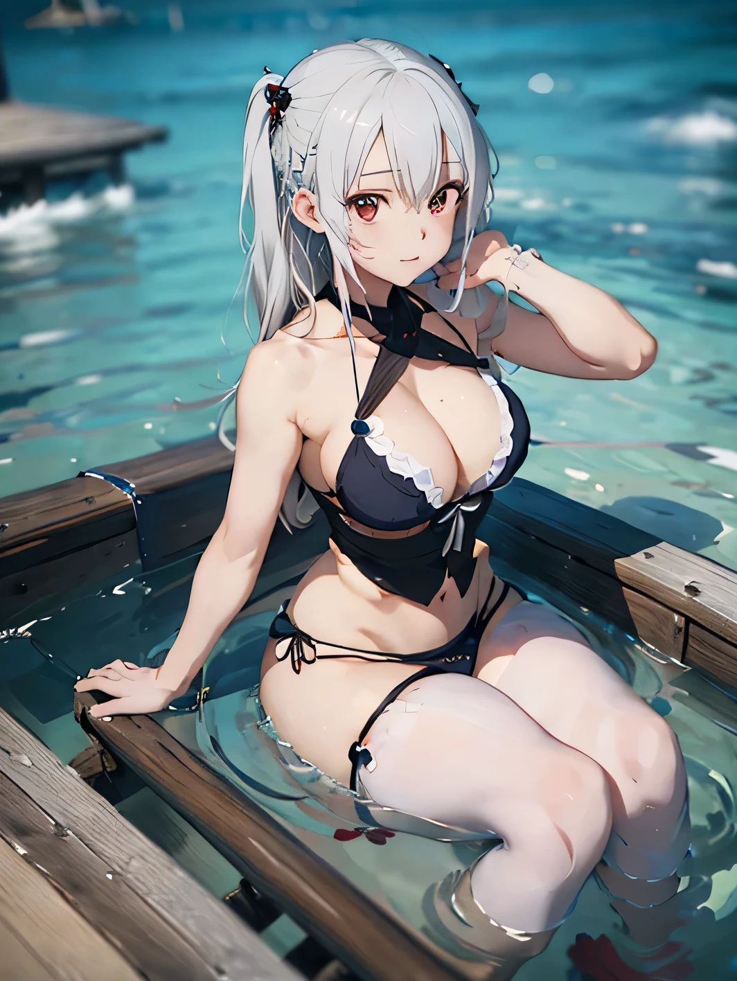 ((best quality)), ((masterpiece)), (detailed), Anime girl with perfect face wearing bikini sitting on a raft in the sea, perfect White hair girl, , in the sea, White hair, in the sea, guweiz style artwork, Azure Lane style, Popular topics on cgstation, guweiz, White-haired, guweiz on artstation pixiv
