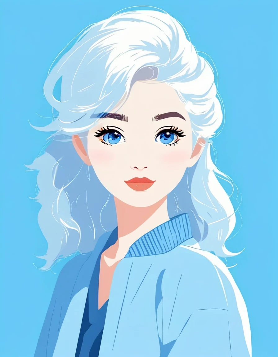 vector art，Helen Huang style，Modern girl，portrait，white hair，blue background，vector illustration vector illustration，Flat design style Flat design style，flat illustration flat illustration