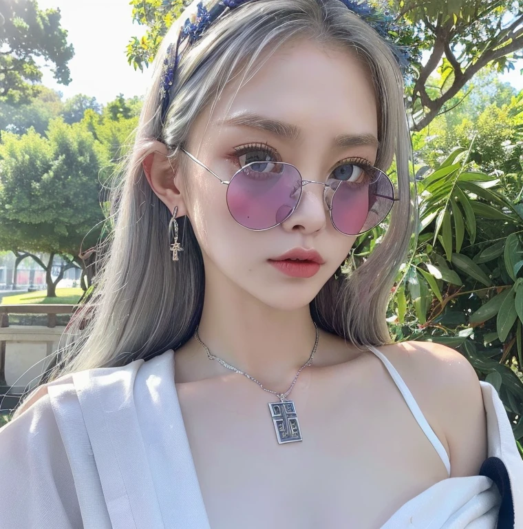 1 miniature Beautiful beautiful woman - Yuan Sayuki, ((top quality, 8K, Masterpiece:1.retty woman, 1 woman, huge breasts:1.3, a slim body:1.1, lush white long hair, (shower, wet body, wet clothes:1.1), very detailed face, detailed lips, detailed eyes, double eyelids, Detailed blue eyes, чрезвычайно Detailed Outstanding Blue Eyes, white wet hair, white wet hair, Detailed Outstanding Blue Eyes, innocent look at the viewer, very wet wavy white hair, Detailed Outstanding Blue Eyes, huge cross earrings, White kimono (Sport, martial art, jiu-jitso), bare chest, huge chest tattoo wearing a wreath, detailed huge earrings, chest tattoo, Outside - there are trees and a buddhist temple in the background, wear a silver cross (Detailed cross shape), reality mode, wet breasts, black necklace, human crowd behind, naked breasts, naked breasrs, naked nipples, hair of white snowy colour, accurately detailed RED TAINTED GLASSES